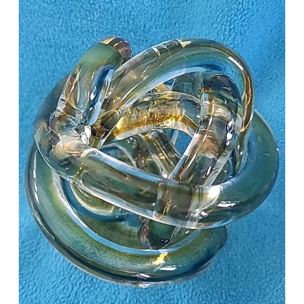 Twisted Rope Infinity Knot Art Glass Amber Gold Orib 5" Sculpture Paperweight